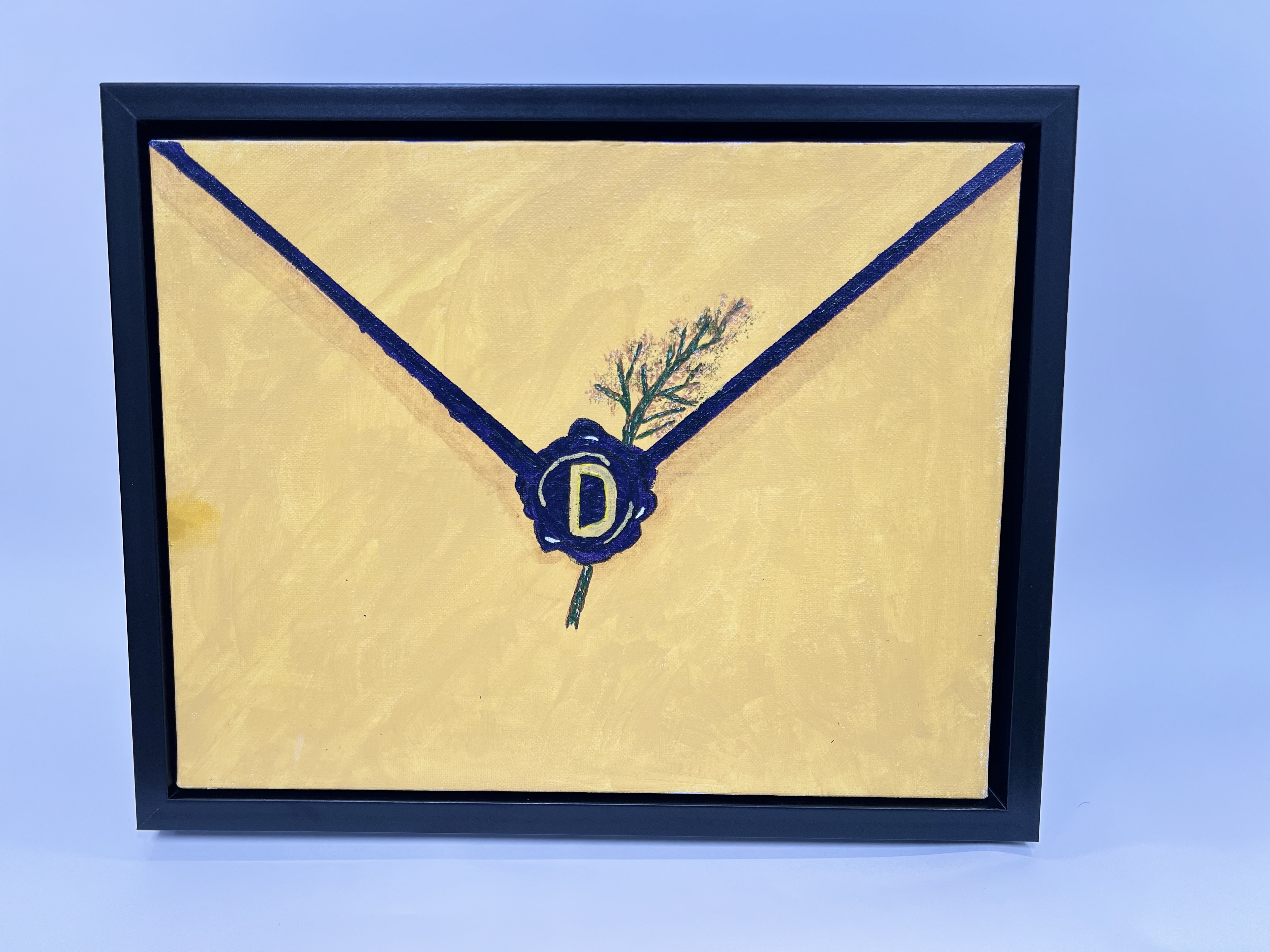 A golden-yellow envelope sealed with a dark wax 'D' and a sprig, painted in warm tones.